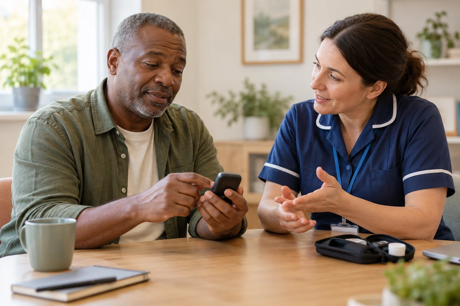 A man learning about a glucose monitor with a nurse in a welcoming consultation room.