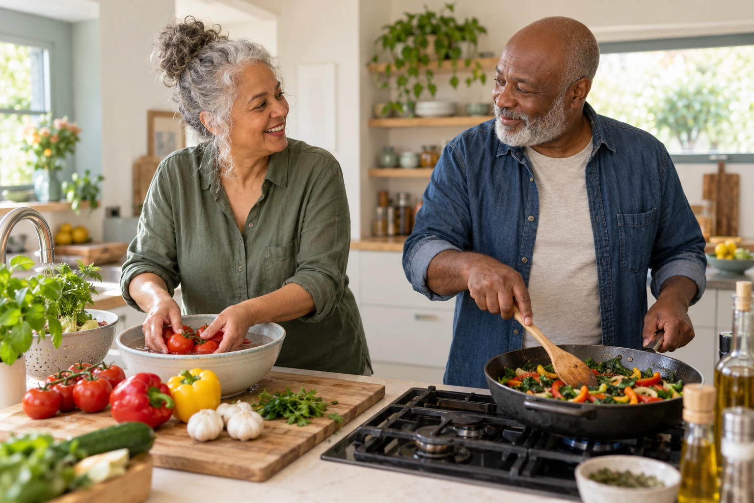 An older couple preparing a colourful meal in their kitchen.
