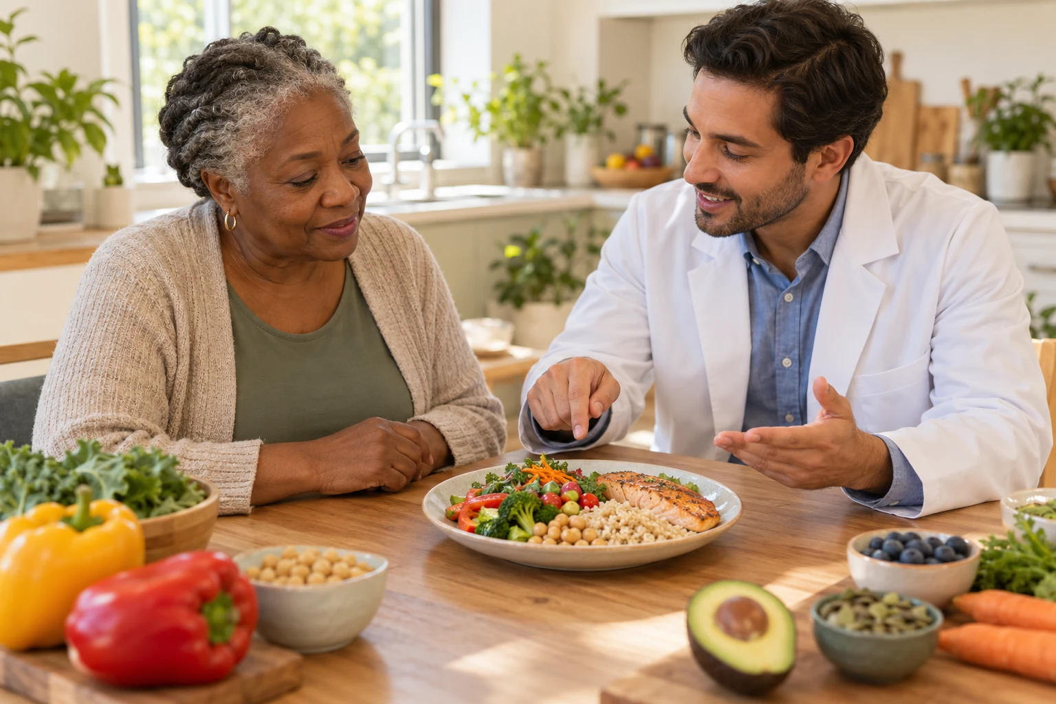 An older woman discussing a balanced meal with a dietitian.