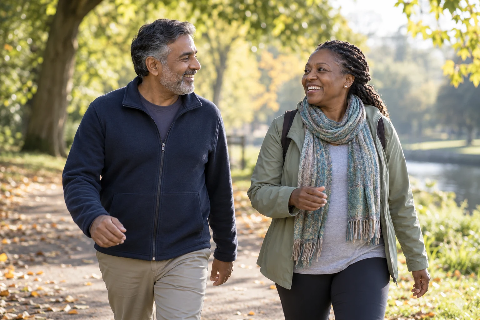 Two friends enjoying a walk together in a leafy park.