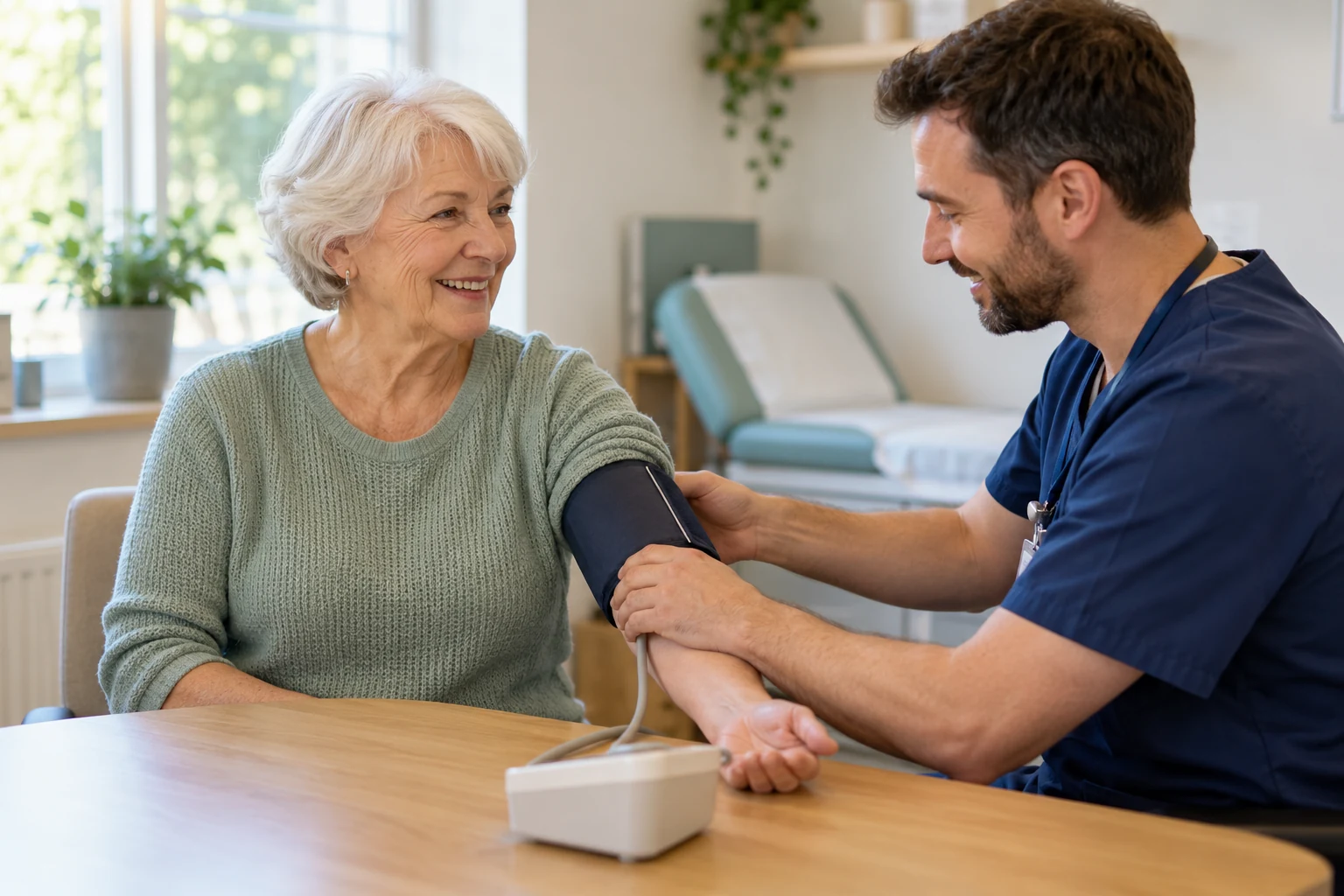 A nurse helping a woman measure her blood pressure.