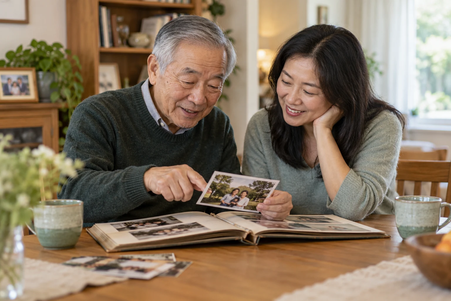 An older man sharing family photographs with his adult daughter.