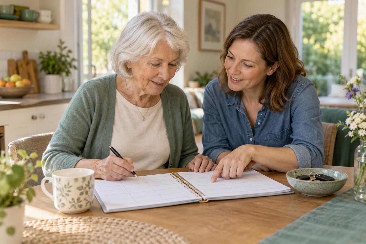 An older woman and a supportive companion planning a day together.
