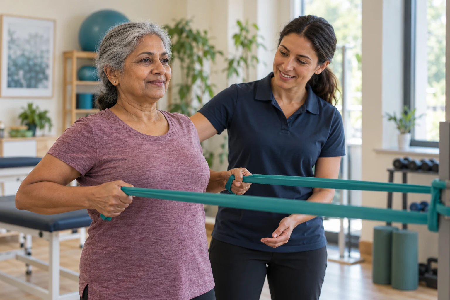 An older woman practising a resistance-band exercise with a physiotherapist.