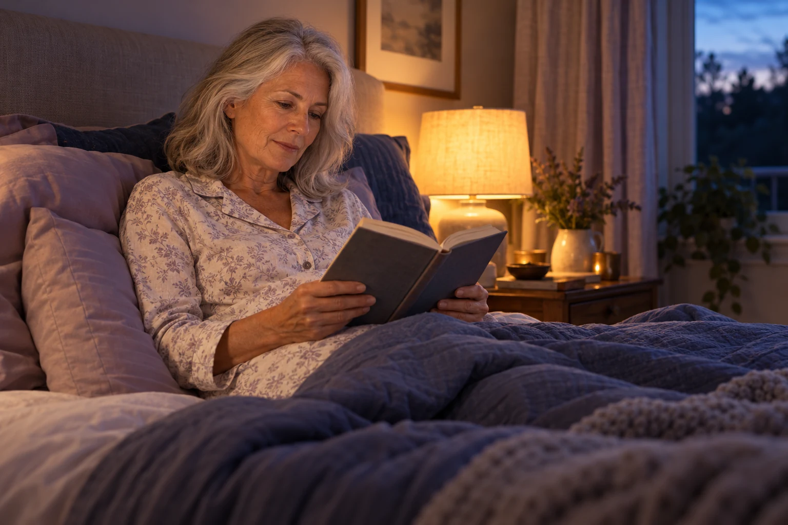 An older woman unwinding with a book in a softly lit bedroom.