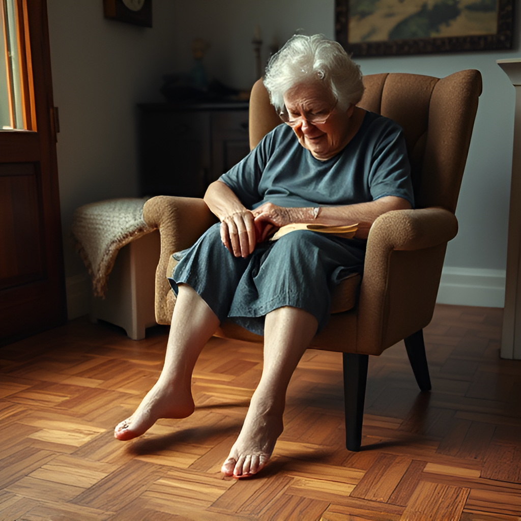 An older lady sitting with painful feet