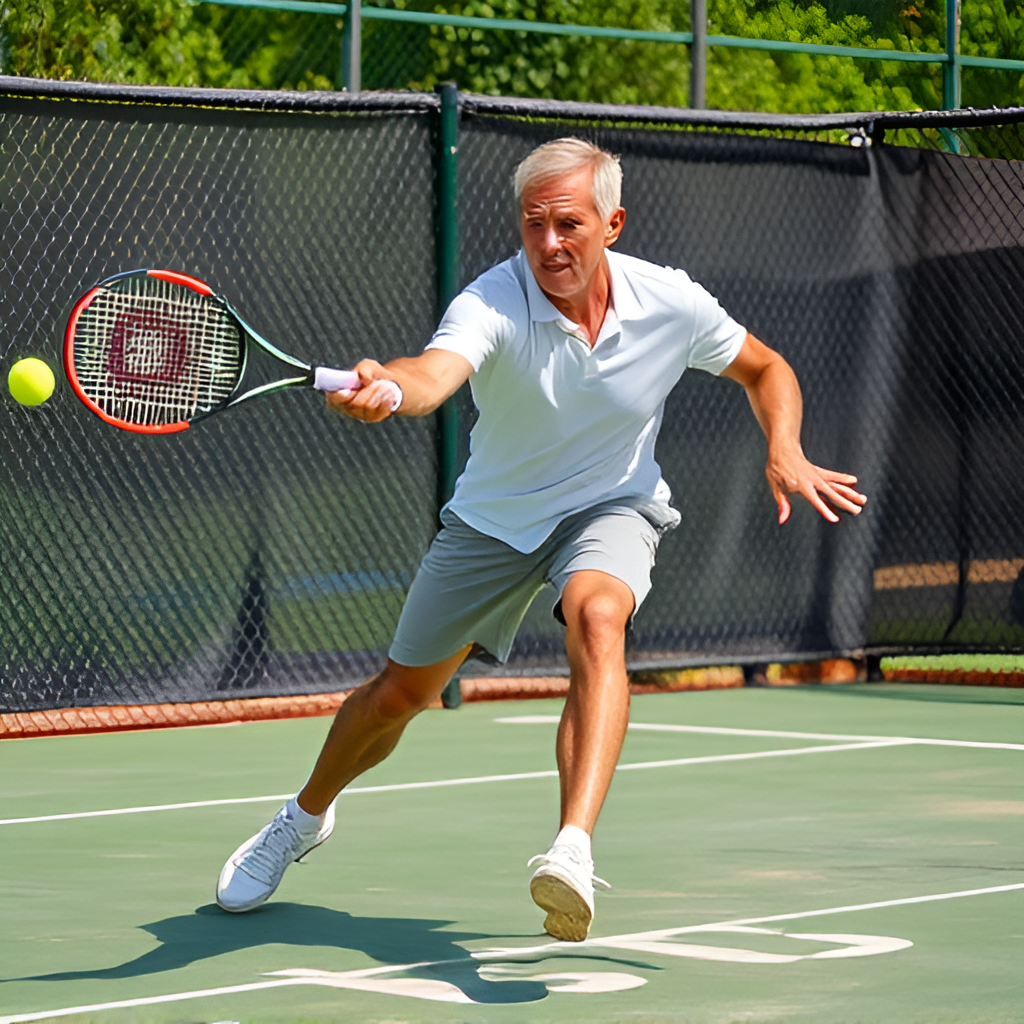 An older tennis player hitting a forehand
